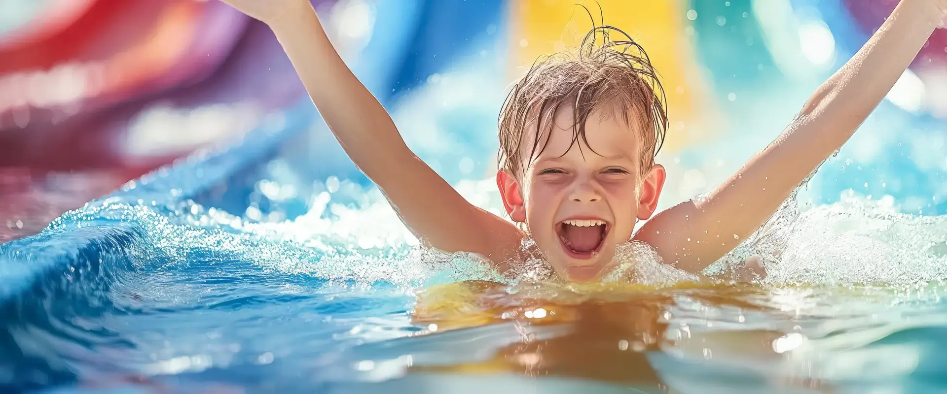 Kind freut sich auf bunter Wasserrutsche